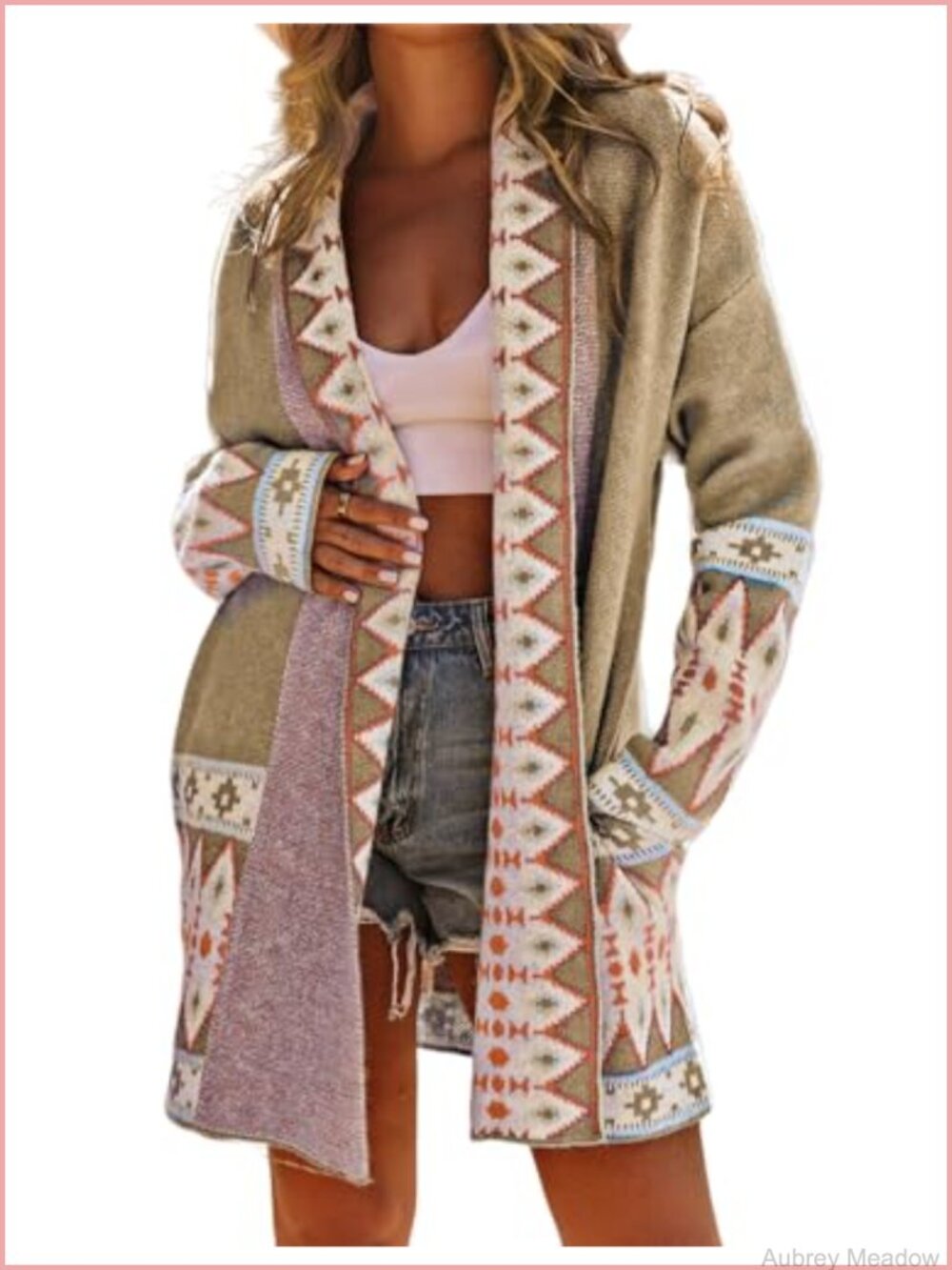 Boho Aztec Cardigan Sweater Shawl Collar Open Front Tribal Long Coat Pockets